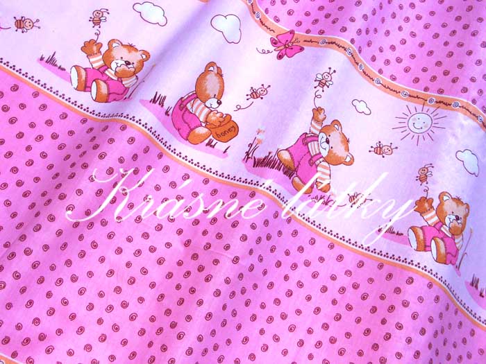 Medvídek a včelky růžová -  bavlněné plátno