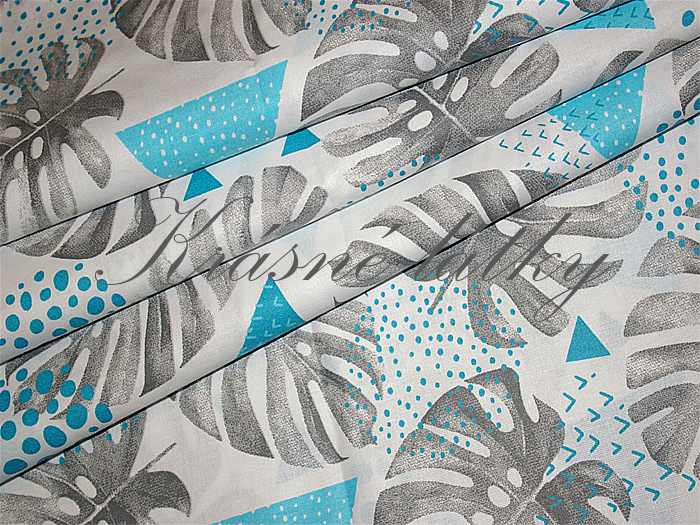 Listy geo tyrkys, bavlněná látka š. 160 cm, plátno v metráži