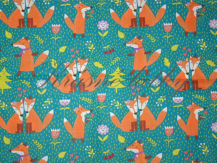 Lišky na zeleném podkladu - 100% bavlna, š. 160 cm, 130 g/m2 s atestem pro děti