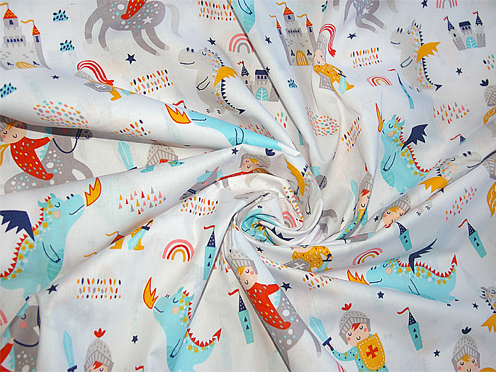 Rytíř, hrad a drak, bavlna na bílém podkladu, 100% bavlněné plátno