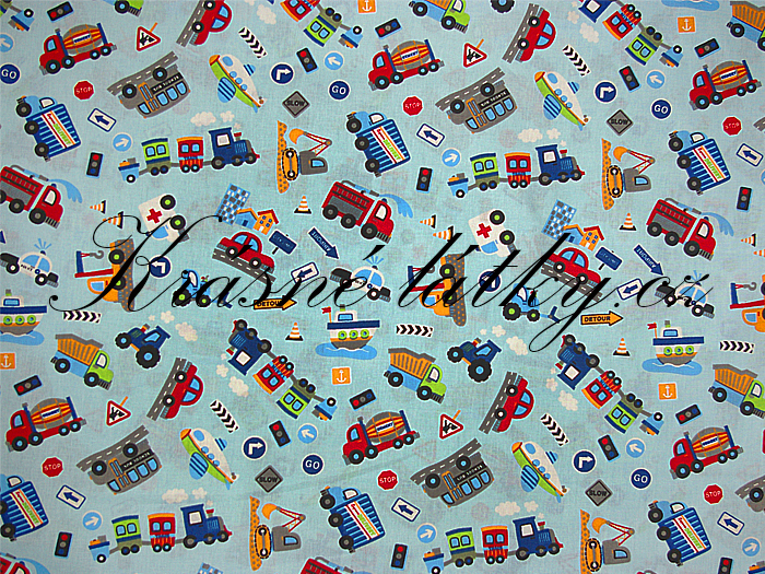 Značková metráž Doprava š. 160 cm, velmi pěkná kvalita modrý podklad