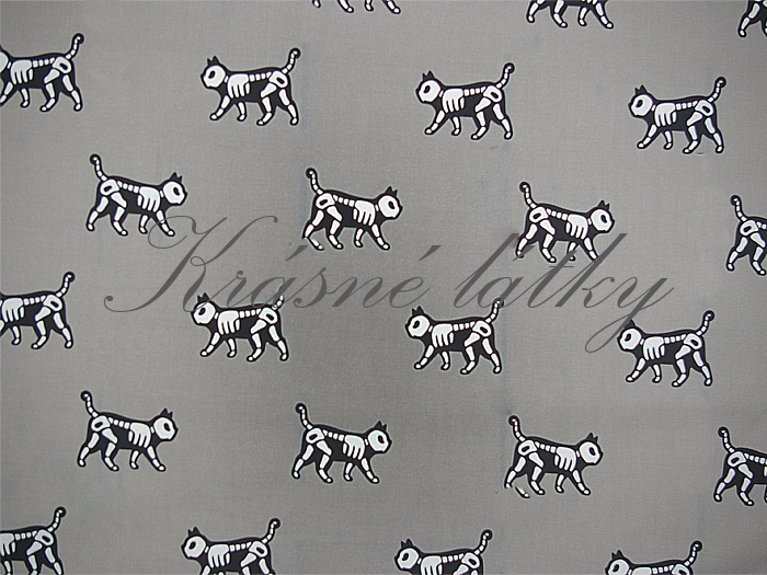 Halloween kostlivec kočka - 100 % bavlna, š. 160 cm, 150 g/m2, šedý podklad