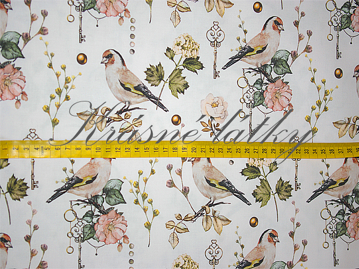 Stehlík - 100% bavlna, š. 160 cm, 150 g/m2, šedý podklad