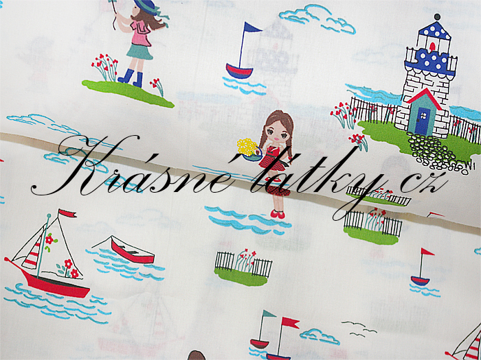 Bavlněná látka léto, maják, loďky - 100% bavlna, š. 240 cm, 130g/m2