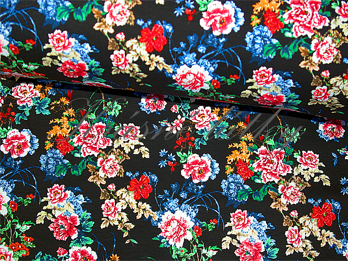Květy na temně černé - 95 % bavlna, elastan 5 %, š. 160 cm, 170 g/m2 
