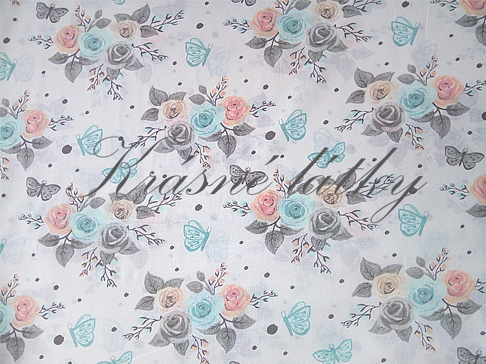 Růže s motýly - 100% bavlna, š. 160 cm, 130 g/m2