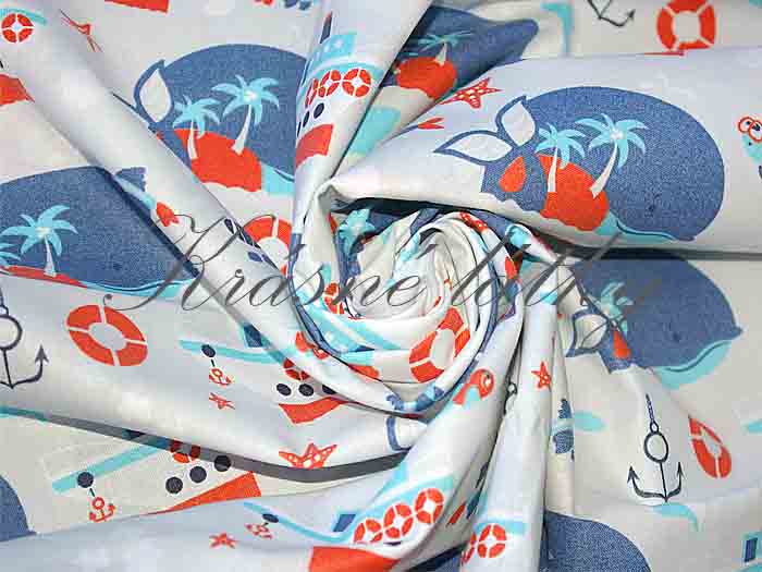 Dětská látka vzor velryba a parník - 100% bavlna - letní plátno, š. 160 cm, 130 g/m2