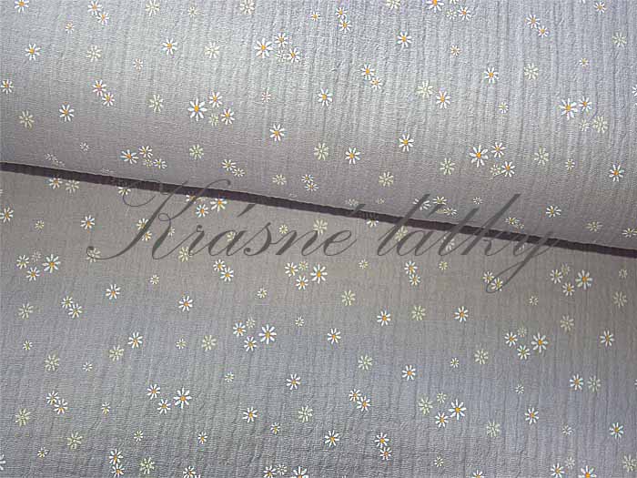 Mušelín květy na šedé - 100% bavlna, š. 130 cm, 125 g/m2 šedá gázovina, mušelínová látka