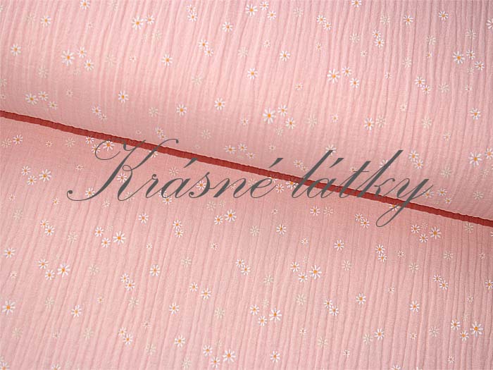 Mušelín květy na růžové - 100% bavlna, š. 130 cm, 125 g/m2 růžová gázovina, mušelínová látka