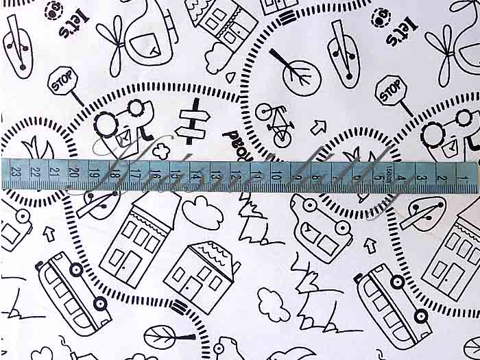 Dětská látka, látkové omalovánky Město - 100% bavlna, š. 150 cm,  120 g/m2 bavlna látky metráž