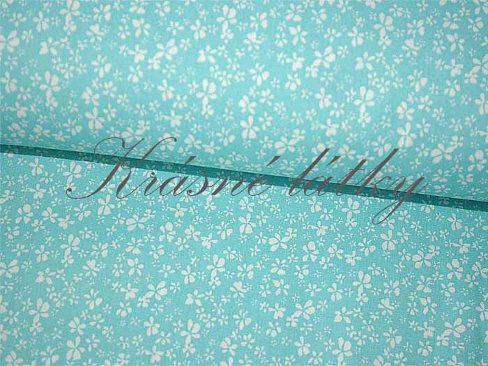 Bavlněná látka barva mint, vzor bílé kvítky - 100% bavlna, š. 150 cm, 115 g/m2, látky metráž