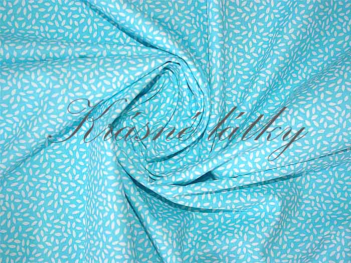 Bavlněná látka bílé lístky na tyrkysové - 100% bavlna, š. 150 cm, 115 g/m2, látky metráž