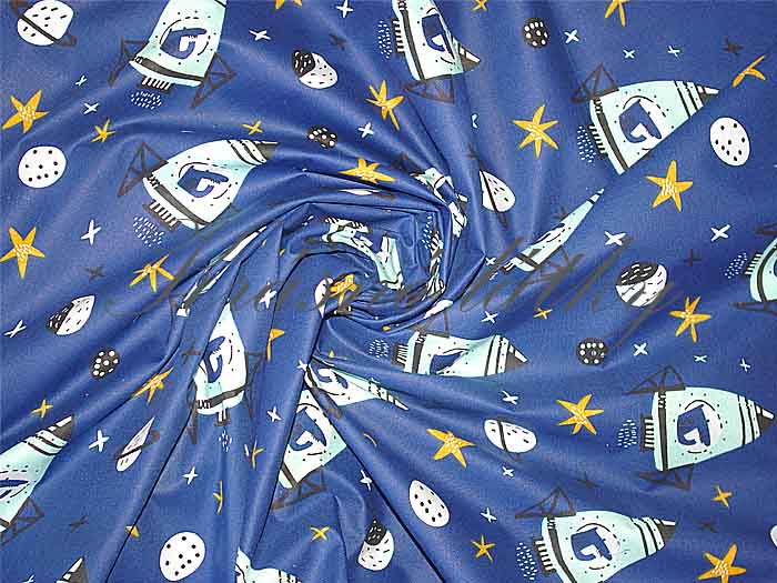 Bavlna vesmírná raketa modrá obloha - 100% bavlna, š. 160 cm, 130 g/m2, látky metráž
