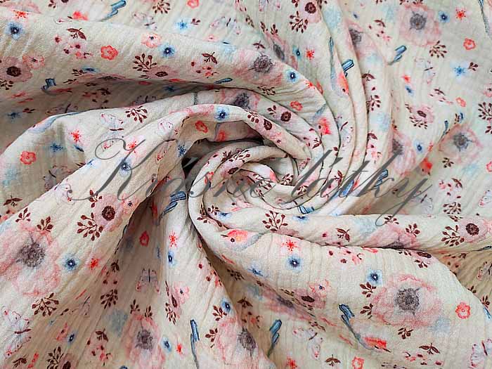 Mušelínová látka vzor ptáček, gázovina - 100% bavlna, mušelín – látky - metráž