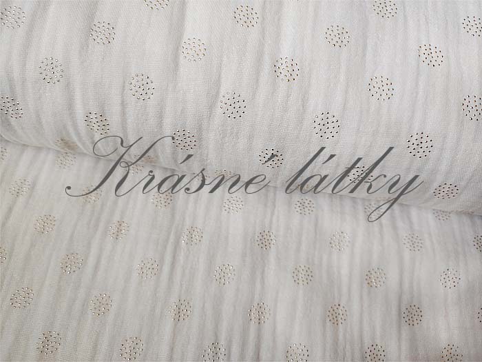 Mušelínová látka kapičky, gázovina bílá s aplikací – mušelín – třpytivé látky – metráž