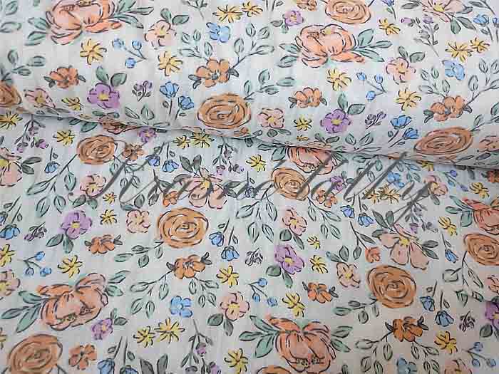 100% bavlněná mušelínová látka kytičky, gázovina  – mušelín – vzorované látky – metráž