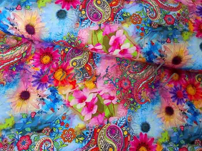 Látka viskóza, paisley květiny fuchsie – viskóza, lykra, š. 150 cm, 220 g/m2