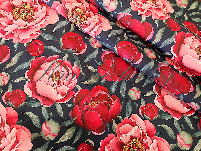 Červené květy pivoněk - 100% bavlna, š. 160 cm, 150 g/m2, látky metráž, dětské látky