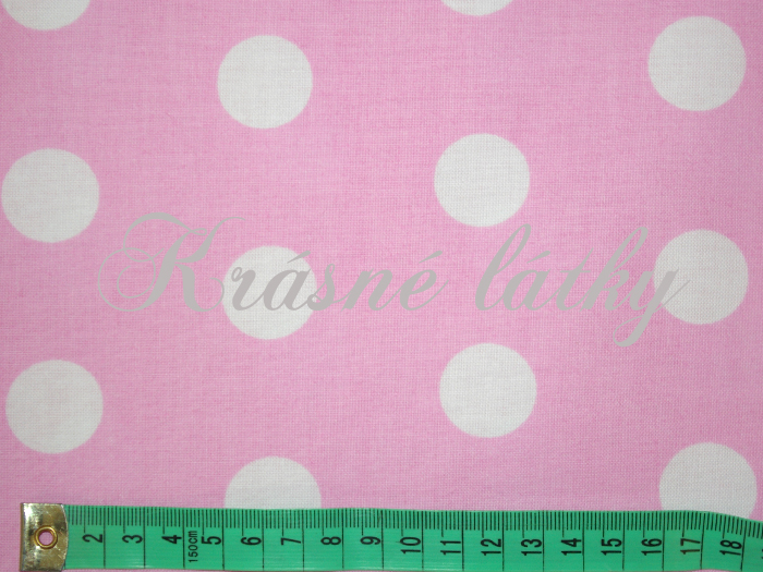 Bílé puntíky 2,5 cm růžový podklad - 100% bavlna, š. 150 cm, 130 g/m2
