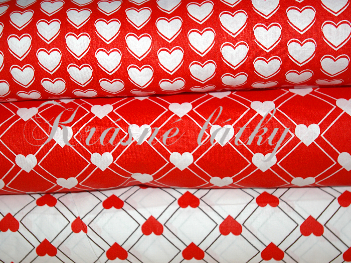 Srdíčka š. 160cm 100% bavlna bílá/červený podklad