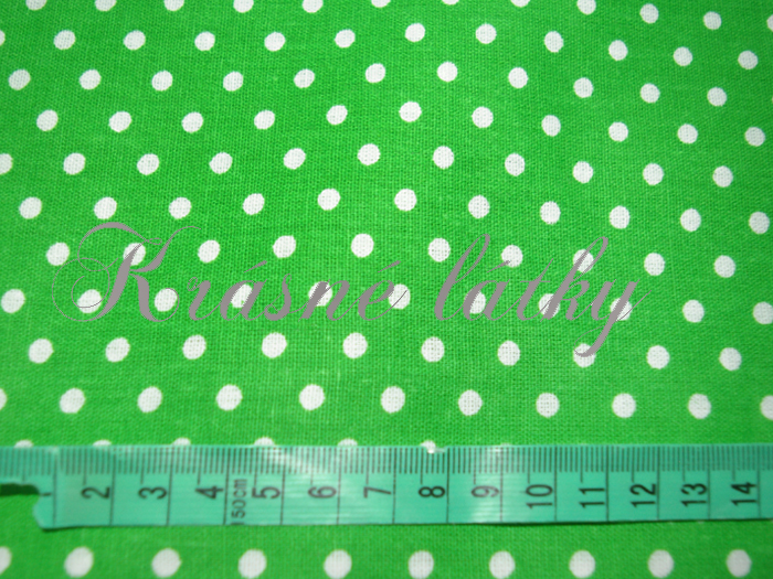 Puntíky 5mm - zeleny podklad š. 150cm, 100% bavlna š. 150cm