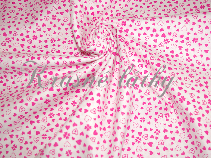 Srdíčka - bílý podklad růžová srdce š. 240cm 100% bavlna, krásné hladké plátno