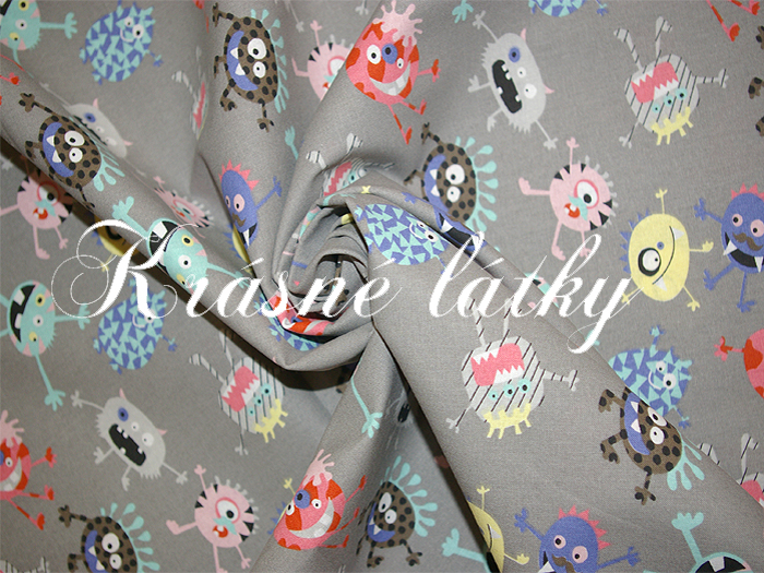 Příšerky na šedém podkladu - 140 cm, 100% bavlna
