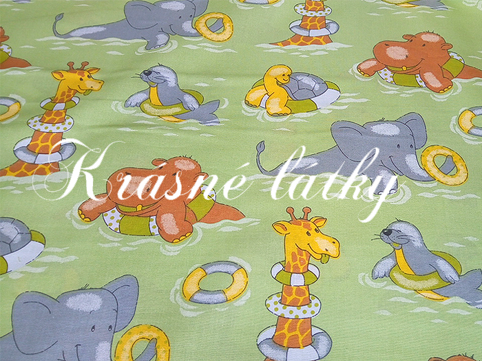 Vyprodáno Hroch, lachtan, žirafa, slon, bavlněná dětská látka, metráž v šíři 140cm, plátno