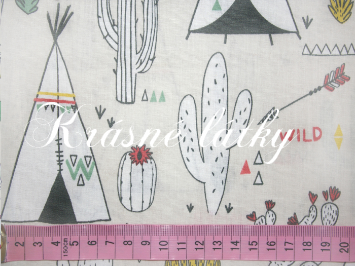 Mexiko - š. 160 cm 100% bavlna metráž, kaktusy, indiánský stan, tepee