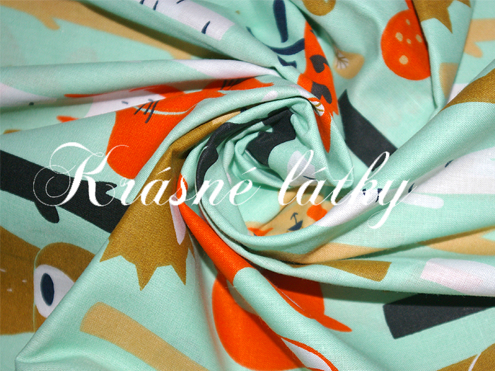 Lesní zvířátka, veverka, liška, ježek, medvěd, mátový podklad,100%bavlna s atest