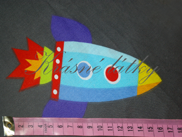 Raketa, bavlněná látka - metráž š. 160 cm, gramáž 135 g/m2, šedý podklad