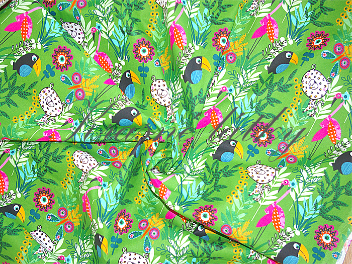 Tukan, levhart, plameňák zelené pozadí š. 160cm, velmi pěkná kvalita