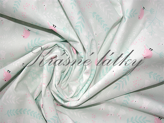 Zajíčci a ptáčci máta - š. 160cm, bavlněné plátno 