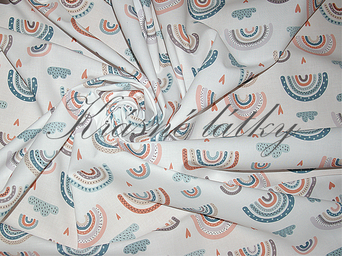 Bavlněná látka, plátno - Duha, mraky, atest pro děti do tří let, látky metráž