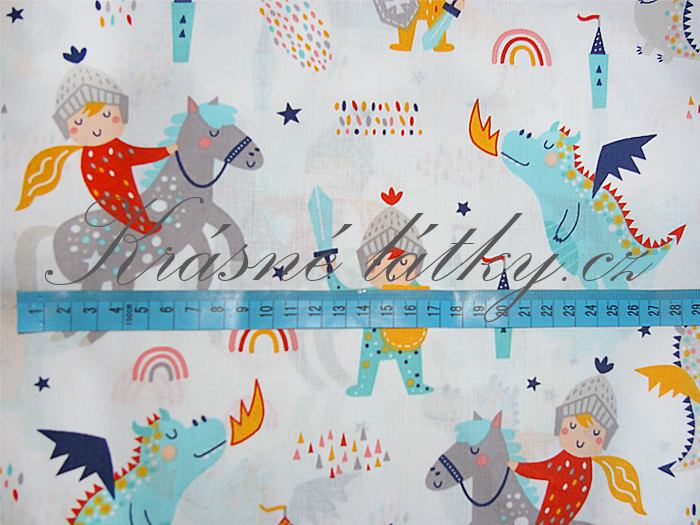 Rytíř, hrad a drak, bavlna na bílém podkladu, 100% bavlněné plátno