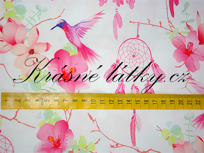 Lapač snů a rozkvetlý strom - 100% bavlna, š. 160 cm, 150 g/m2