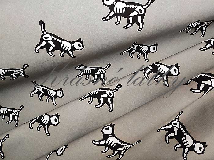 Halloween kostlivec kočka - 100 % bavlna, š. 160 cm, 150 g/m2, šedý podklad