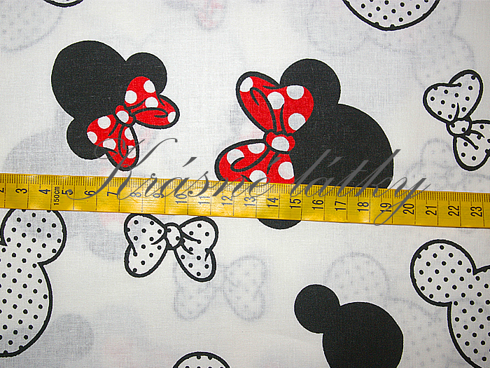 Myška s červenou mašlí - 100% bavlna, š. 160 cm, 130 g/m2