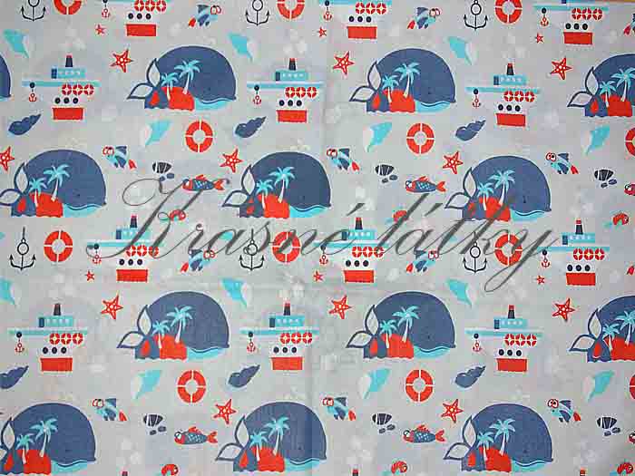Dětská látka vzor velryba a parník - 100% bavlna - letní plátno, š. 160 cm, 130 g/m2