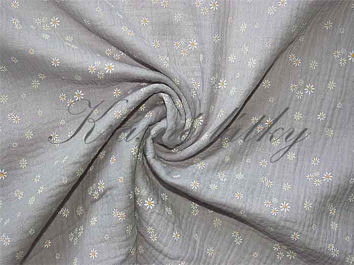 Mušelín květy na šedé - 100% bavlna, š. 130 cm, 125 g/m2 šedá gázovina, mušelínová látka