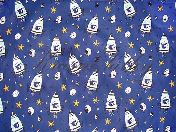 Bavlna vesmírná raketa modrá obloha - 100% bavlna, š. 160 cm, 130 g/m2, látky metráž