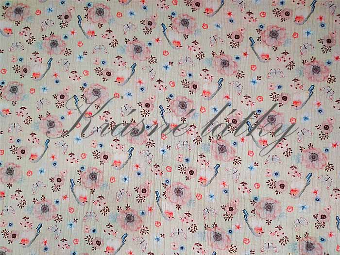 Mušelínová látka vzor ptáček, gázovina - 100% bavlna, mušelín – látky - metráž