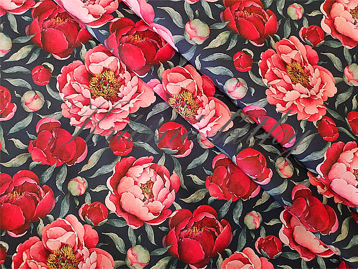 Červené květy pivoněk - 100% bavlna, š. 160 cm, 150 g/m2, látky metráž, dětské látky
