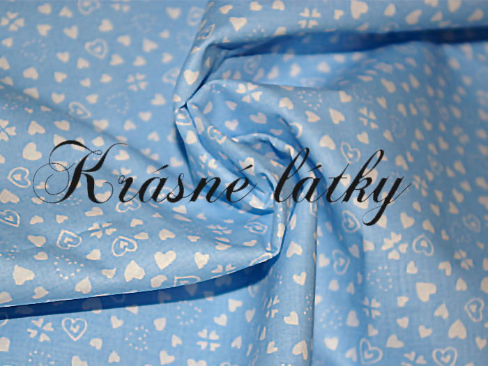Srdíčka - modrý podklad š. 240cm 100% bavlna, krásné hladké plátno