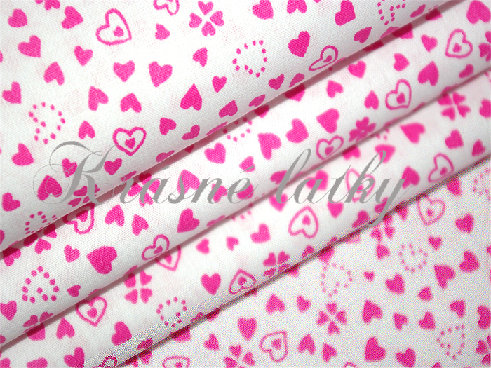 Srdíčka - bílý podklad růžová srdce š. 240cm 100% bavlna, krásné hladké plátno