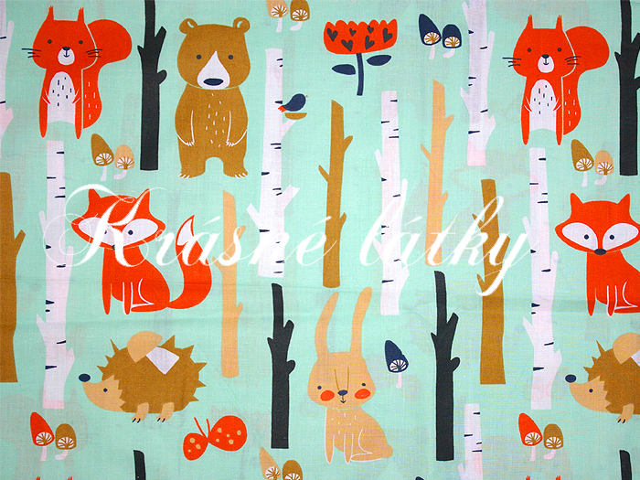 Lesní zvířátka, veverka, liška, ježek, medvěd, mátový podklad,100%bavlna s atest