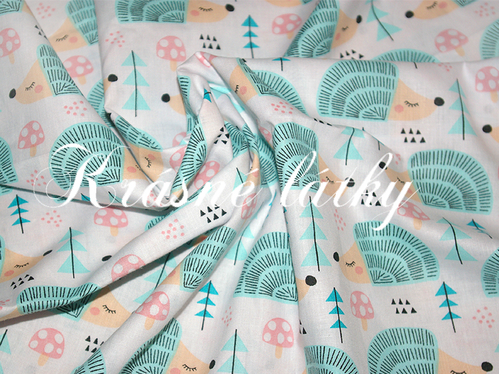 Ježci, ježečkové, máta, azur, 100% bavlna, metráž se zvířátky