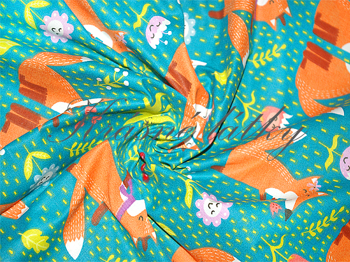 Lišky na zeleném podkladu - 100% bavlna, š. 160 cm, 130 g/m2 s atestem pro děti