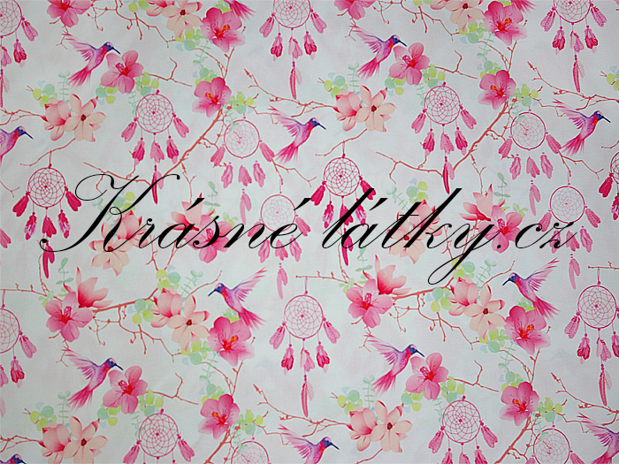 Lapač snů a rozkvetlý strom - 100% bavlna, š. 160 cm, 150 g/m2