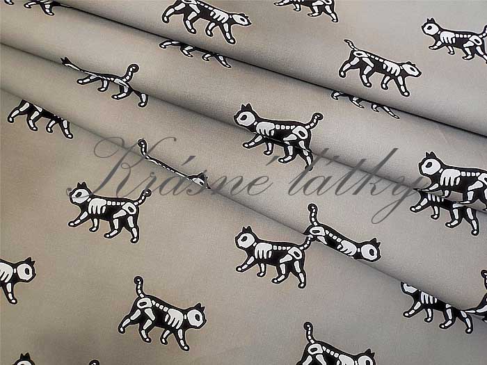 Halloween kostlivec kočka - 100 % bavlna, š. 160 cm, 150 g/m2, šedý podklad